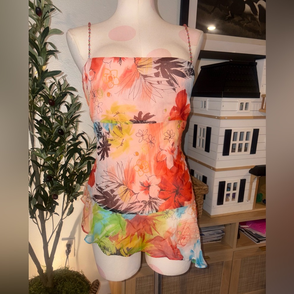 Ice Vintage Multicolor Floral Tank Top Beaded Straps Medium
